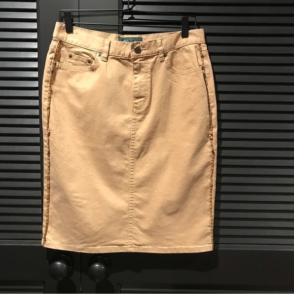 Lauren Ralph Lauren, Lauren Jean Co., Khaki Denim Pencil Skirt with Beads Size 6 - Picture 1 of 11